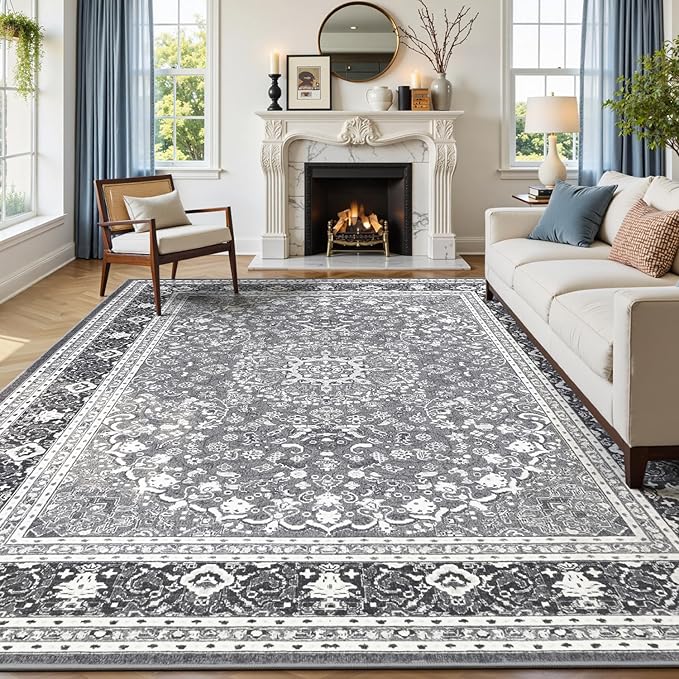 Lofus 8x10 Area Rugs for Living Room, Machine Washable Non-Slip Area Rug, Low Pile Large Rugs for Bedroom, Kitchen, Dining Room, Home Office, Vintage Oriental Print Rug, Light Grey with White