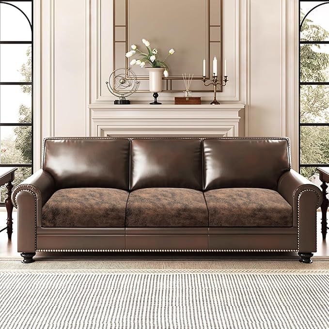 Leather Look Couch Cushion Covers Sofa Seat Slipcovers Sets Couches Furniture Protector for Sectional Armchair Loveseat Pets Kids Stretch Spandex Fabric (3 Cushion XL Sofa, Dark Brown)