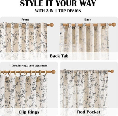 Lazzzy Farmhouse Linen Curtains Black Floral Curtains 96 Inch Length Back Tab Drapes for Living Room Bedroom Light Filtering Country Vintage Rod Pocket Curtain, 2 Panels, Black on Beige