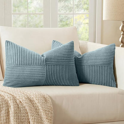 MIULEE Sky Blue Decorative Lumbar Throw Pillow Covers 12x20 Inch for Couch Bed Sofa Pack of 2 Boho Farmhouse Throw Pillows Soft Cross Corduroy Patchwork Textured Cushion Cases
