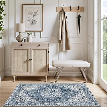 2x3 Area Rugs Living Room Rug: Washable Vintage Boho Medallion Rug No Slip Stain Resistant Soft Carpet Indoor Floor Large Carpets for Bedroom Dining Room Farmhouse Nursery Hallway Home Office Blue