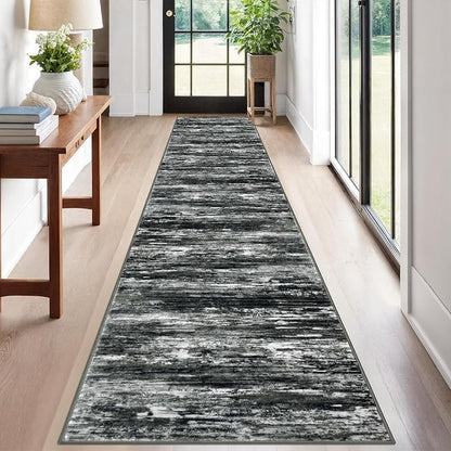 KOZYFLY Modern Abstract Runners for Hallways 2x12 Washable Rug Runner Non-Slip Soft Striped Kitchen Runner Rug, Black Grey Print Carpet Runner for Entryway Bathroom Laundry Room Foyer