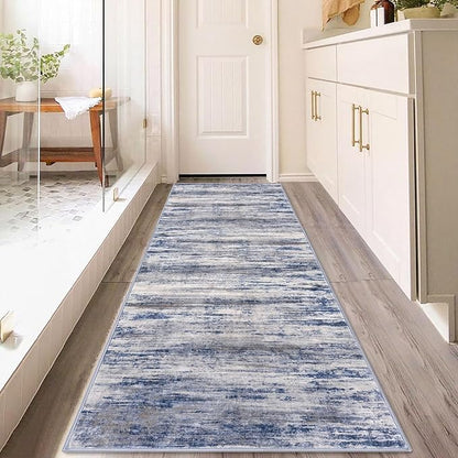 KOZYFLY 3x8 Ft Rug Modern Ombre Runner Rug for Hallway, Washable Kitchen Rugs Non-Slip Soft Striped Entryway Rug, Print Grey-Blue Abstract Carpet for Laundry Nursery
