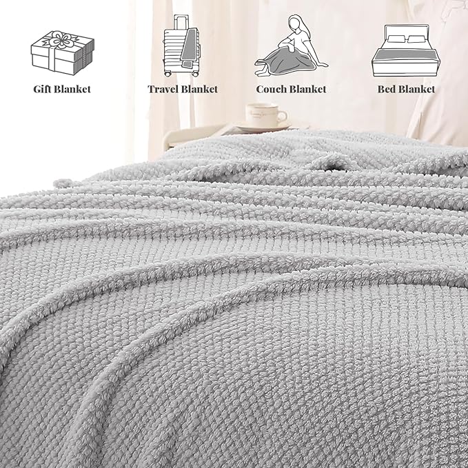 Whale Flotilla King Size Fuzzy Fleece Blanket for Bed, 90x104 Inch Fluffy Warm Soft Jacquard Blankets for All Season, Lightweight and Cozy, Light Grey