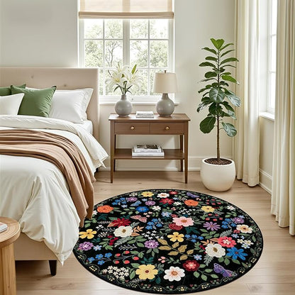 Round Area Rug for Living Room: 4 ft Floral Washable Circle Rug Soft Boho Non-Slip Carpet Indoor Stain Resistant Low Pile Small Circular Rug for Bedroom Entryway Kitchen Nursery Home Office Black