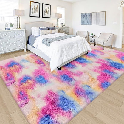 Fluffy Rainbow Colorful Rug for Living Room 6x9 Kawaii Rainbow Tie Dye Area Rug Fuzzy Indoor Floor Unicorn Rug for Bedroom Girls Kids Nursery Baby Princess Room Dorm Home Decor Aesthetic Carpets