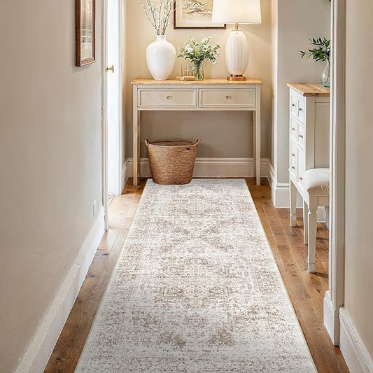 3x6 Washable Hallway Runner Rug - Non Slip Kitchen Runner Rugs with Rubber Backing Vintage Low-Pile Carpet Runners for Entryway Dining Room Laundry Room Home Decor (Cream/Camel)