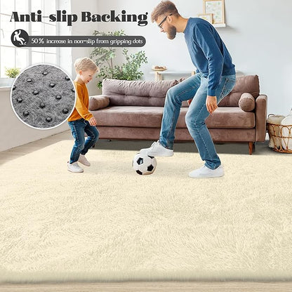Circle Rug for Bedroom: 4FT Cream White Round Fluffy Shag Soft Washable Rugs Small Fuzzy Plush Indoor Carpet for Teen Kids Girls Boys Nursery Preppy Dorm Classroom (Cream White, 4'x6')
