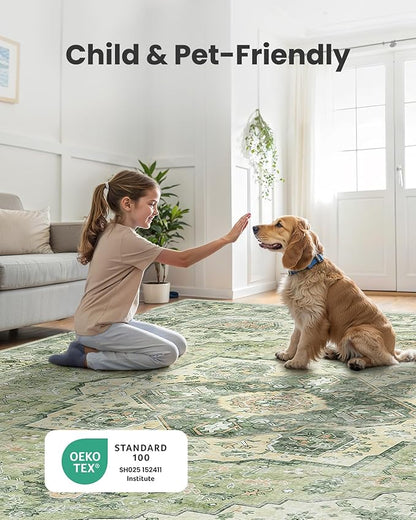 AMADA HOMEFURNISHING 8x10 Area Rug, Washable Low-Profile Large Area Rug with Non-Slip Backing & Durable Edge Binding, Vintage Large Rugs for Living Room, Bedroom