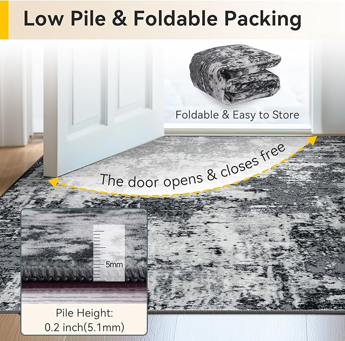 Washable Area Rugs Square 8ft Non-Slip Modern Abstract Soft for Living Room Entryway Bedroom Nursery, Print Pattern, Black Navy Blue Gray