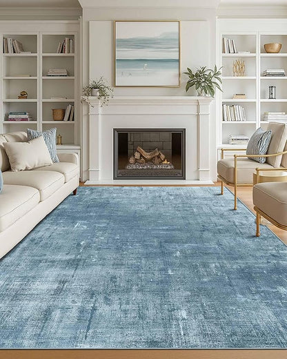 Latte&Fog 9x12 Area Rug for Living Room, Extra Large Blue Modern Abstract Washable Rugs, Boho Non Slip Low Pile Carpet for Indoor Bedroom Dining Room, Office, Dorm, Classroom and Farmhouse - Blue