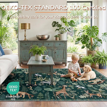OPPODREAM Animal Soft Area Rugs 5x7, Washable Green Rug with Non Slip Backing, 5 x 7 Faux Cashmere Low-Pile 5x7 Carpet