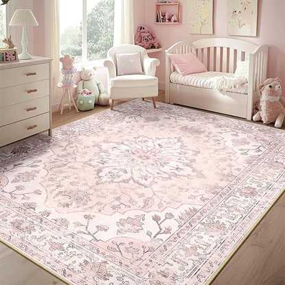 RELEANY Area Rugs 5'x8' Washable Non-Slip, Floral Vintage Distress Print Pattern Medallion Carpet for Living Room Bedroom Dining Room, Pink Greypink Cute
