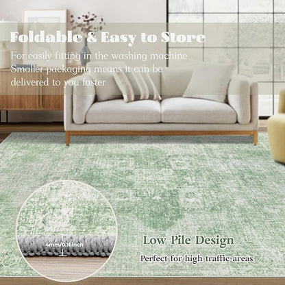 Area Rug 9x12 Washable Rug, Vintage Boho Medallion Rugs Non-Slip Soft Low Pile Large Distressed Rug Indoor Retro Carpet for Living Room Bedroom Dining Room Home Office (SageGreen, 9'x12')
