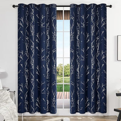 Deconovo Navy Blue Blackout Curtains, Living Room Curtain, Thermal Insulated Soundproof Drapes, Branch Silver Print, 52 x 84 Inch Long, Grommet Panels for Bedroom Office Nursery Home Decor, Set of 2
