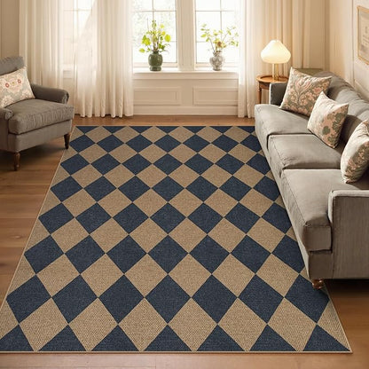 Lahome Colette Checkered Easy Jute Washable Rug, 5x7 Area Rugs for Living Room Nature Large Dining Room Carpet, Farmhouse Geometric Non Slip Indoor Outdoor Carpet for Office Bedroom Backyard Patio