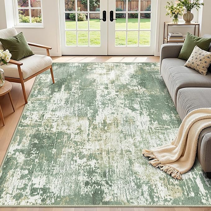 Washable Area Rugs 3'x5' Non-Slip Modern Abstract Soft for Living Room Entryway Bedroom Nursery, Print Pattern, Light Green/Yellow