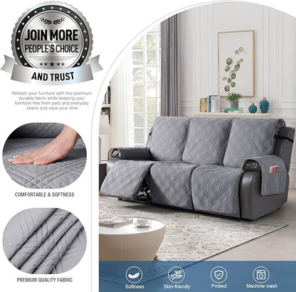 TAOCOCO 100% Waterproof Recliner Sofa Cover, Non Slip Split Couch Covers for Reclining Couches with Elastic Straps, Washable Reclining Sofa Cover Furniture Protector for Kids Pets(3 Seater, Gray)