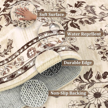Yamaziot Washable Runner Rug 2x6 – Non Slip Boho Floral Hallway Runner Rug with Rubber Backing, Low Pile Faux Wool Distressed Carpet for Kitchen, Laundry, Bedroom, Entrance, Brown