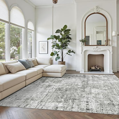 Abstract Rug 8x10 Large Living Room Rugs Neutral Modern Washable Area Rugs for Bedroom Dining Room Non-Slip Stain Resistant Foldable Thin Rug Gray White