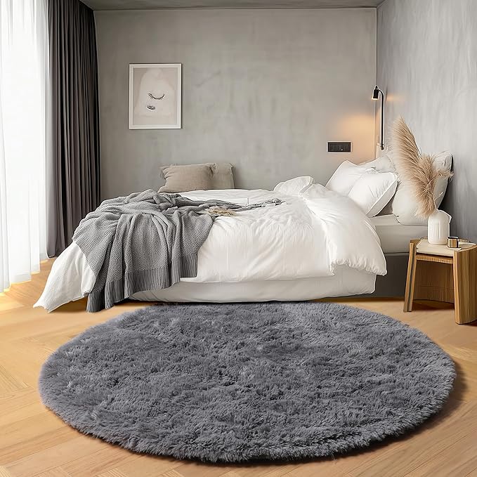 ONASAR Grey Round Area Rugs 6ft, Fluffy Gray Soft Bedroom Circle Rug for Kids Girls Boys Teen Room, Fuzzy Plush Shaggy Floor Carpet Mats for Dorm Nursery Living Room Playroom Home Office Decor