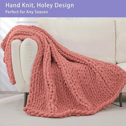 Bigacogo Chunky Knit Throw Blanket for Couch, 40x80 inches, 100% Hand Knitted with Thick Jumbo Chenille Yarn, Cozy Soft Large Rope Knot Cable Crochet Blankets for Sofa Bed Living Room, Antique Red