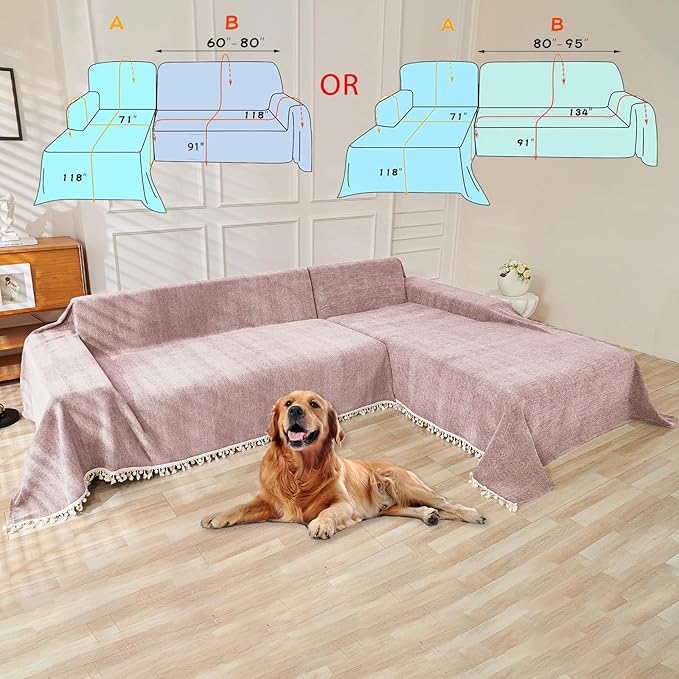 HANDONTIME Soild Couch Covers for Dogs Pink-Purple Sofa Covers Boho Cover for Sofa 3 Seats Chenille Sofa Throw Cover Mauve Sofa Covers for 3 Cushion Couch Tassel, Washable, Pet Friendly, 71" X118"