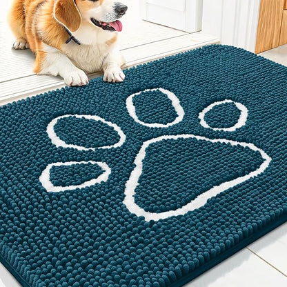 Smiry Dog Door Mat for Muddy Paws, Absorbent Dirt Trapper Non Slip Quick Dry Washable Chenille Mat for Mud Dogs, Entry Rug for Indoor and Outdoor (30x20 Inches, Atlantic Blue and White)