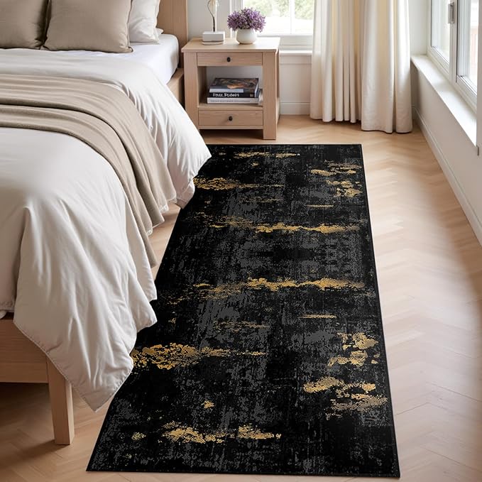 Washable Area Rugs 2'x6' Non-Slip Modern Abstract Soft for Living Room Entryway Bedroom Nursery, Print Pattern, Dark Black Gold