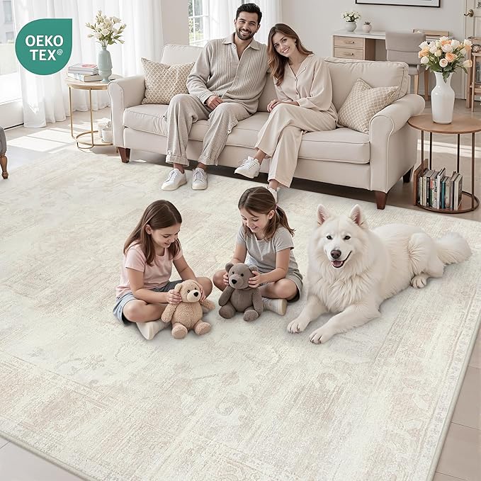 Area Rugs 9x12 Living Room: Vintage Boho Neutral Washable Rug Indoor Soft Large Area Rug Carpet for Bedroom Nursery Farmhouse Dining Room Office Floor Non-Slip Low Pile Under Table Rug Cream Beige