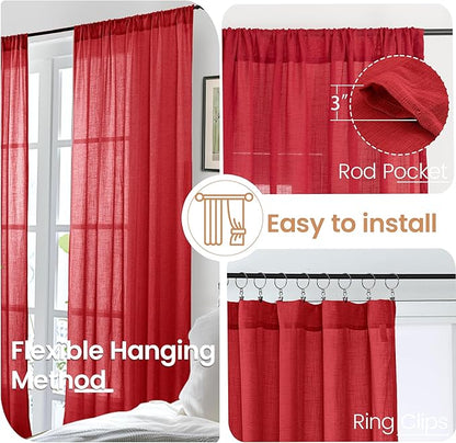 BGment Long Linen Semi Sheer Curtains 102 Inch Length for Living Room, Red Lightweight Window Drapes for Bedroom with Rod Pocket Light Filtering Rustic Textured, 2 Panels Set, Each 52 Inch Wide