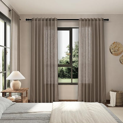 Dark Taupe Flax Linen Curtains 90 Inches Long for Bedroom 2 Panels Back Tab Loop Pocket Privacy Neutral Semi Sheer Curtains Country Rustic Farmhouse Light Filtering Drapes for Living Room 40x90
