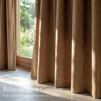 NICETOWN 100% Absolutely Blackout Linen Curtains for Bedroom Living Room, Gold Brown, 52" Wide, 2 Pieces, Privacy Vertical Thermal Insulated Window Drapes 84 inch Long for Shift Workers