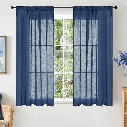BGment Navy Blue Linen Curtains 54 Inch Length for Short Living Room, Semi Sheer Window Drapes Light Filtering for Bedroom Dining Decor Lightweight with Rod Pocket, 2 Panels Set, Each 42 Inch Wide