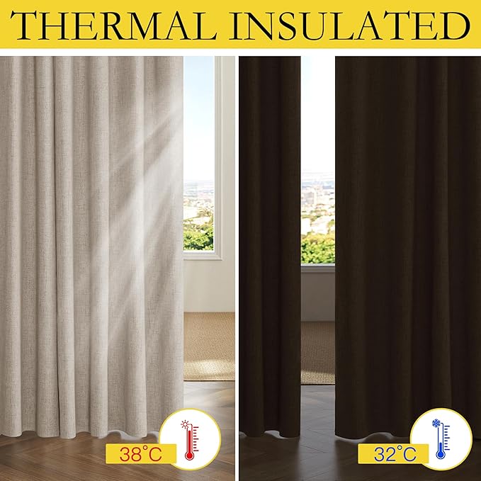NICETOWN Oatmeal Linen Complete Blackout Curtains 48 inches for Kids Room, 2 Panels, Thermal Insulated & Noise Reducing Window Draperies with Grey Liner, Noise Reducing Short Drapes
