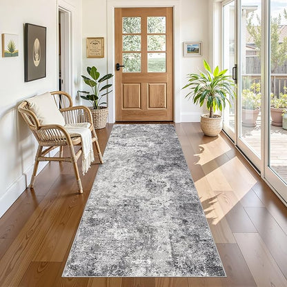 UERMEI 3X8 Washable Runner Rug for Hallway: Soft Neutral Modern Abstract Area Rug - Non-Slip Low Pile Long Throw Indoor Carpet for Kitchen Entryway Kitchen Bedroom Laundry Bathroom - Grey