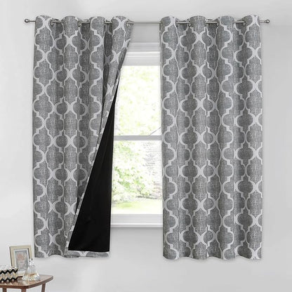 Beauoop 100% Blackout Curtains 54 Inches Long 2 Panels for Bedroom Living Room Grey Moroccan Geo Room Darkening Thermal Insulated Soundproof Grommet Top Window Treatments Drapes, 50x54 Set of 2