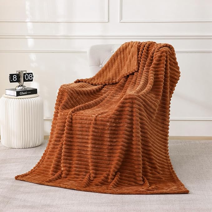 Burnt Orange Fleece Throw Blanket 60”×80” for Couch Sofa Bed,Super Soft Cozy Plush Microfiber Flannel Blanket with Stripes Design Lightweight for Adults,Woman,Girls