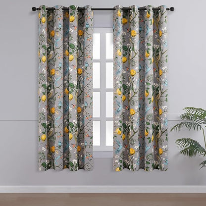 Topfinel Kitchen Curtains 45 Inch Length Gray Vintage Blackout Curtains for Cafe Kitchen, Short Grommet Luxury Whimsical Floral Hummingbird Patterned 45 Inches Long for Living Room Bedroom