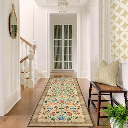 GarveeHome Floral Rug 2.5x8 Runners for Hallways, Boho Kitchen Runner Rugs Non Slip Bath Runners, Vintage Washable Runner Rug for Bedroom, Soft Long Rugs for Entryway Bathroom Laundry Dorm, Beige