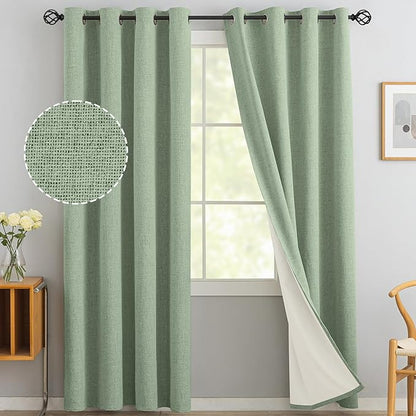 Yakamok Light Sage Green Linen Curtains 100% Blackout 96 Inches Long,Room Darkening Textured Curtains for Living Room Thermal Grommet Bedroom Curtains 2 Panels with White Liner