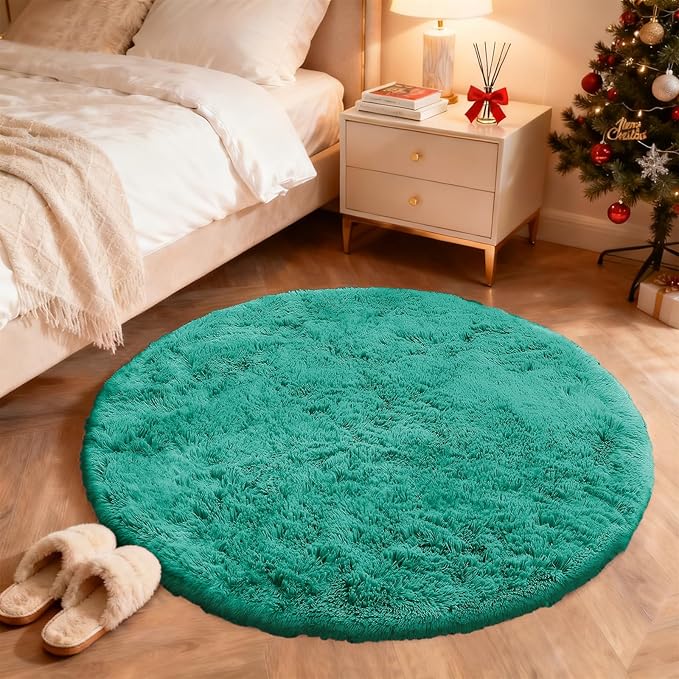 OLANLY Teal Green Round Rugs for Bedroom - Machine Washable, 6 ft Circle Area Rugs for Living Room, Soft and Fluffy Shaggy Carpet for Teen Girl and Boys, Nursery Rooms, Dorms, Home Decor Aesthetic
