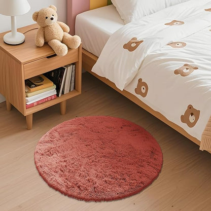 OLANLY Rust Red Round Rugs for Bedroom - Machine Washable, 2 ft Circle Area Rugs for Living Room, Soft and Fluffy Shaggy Carpet for Teen Girl and Boys, Nursery Rooms, Dorms, Home Decor Aesthetic
