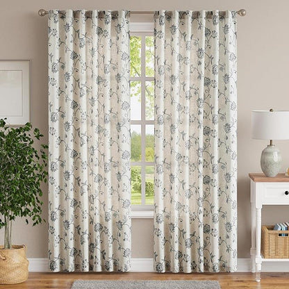 jinchan Linen Curtains Floral Curtain 84 Inch Length for Living Room Bedroom Light Filtering Rod Pocket Back Tab Jacobean Curtains Flax Linen Texture Window Drapes Set 2 Panels Black on Linen