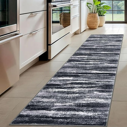 Lansny Modern Abstract Hallway Runner Rug, Black Grey Washable Entryway Runner Non-Slip Soft 2x8 Runner Rug Thin Print Faux Wool Carpet for Kitchen Bedroom Laundry Room Indoor Home Decor