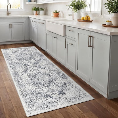 Hallway 2x5 Runner Rug - Vintage Non-Slip Long Rugs for Entryway Low-Pile Washable Medallion Runner Rugs for Hallway Waterproof Traditional Runner Rugs Indoor Thin Rug for Kitchen (Grey)