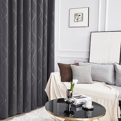 Deconovo Grey Blackout Curtains for Bedroom, Thermal Insulated Soundproof Drapes, Wave Dots Foil Print, 52 x 84 Inches Long, 2 Panels, Machine‑Washable Privacy Window Panel for Living Room Patio Door