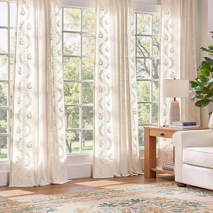 jinchan Belrose Linen Curtains for Bedroom Floral Curtains 84 Inch Length Linen Blend Ivory Embroidered Drapes Farmhouse Flower Patterned Drapes for Living Room Window Treatments Set 2 Panels