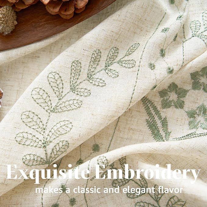 jinchan Belrose Linen Floral Kitchen Curtains 36 inch Length Embroidered Farmhouse Cafe Curtains for Living Room Bathroom Small Windows Curtain Set Sheer Light Filtering 2 Panels Sage Green