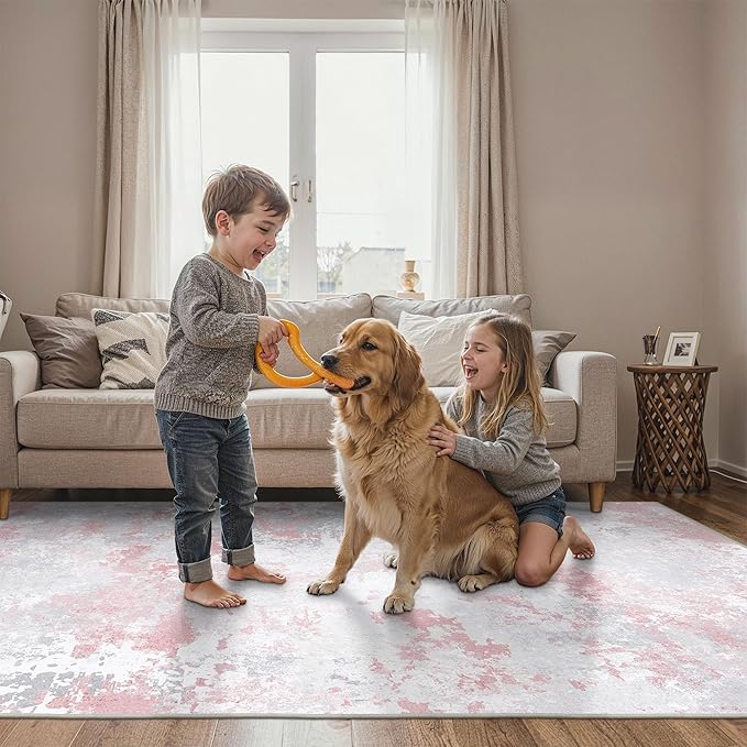 Area Rugs 5x7 for Living Room Bedroom, Modern Abstract Machine Washable Rug, Large Soft Low Pile Floor Carpet with Non Slip Backing for Dining Room, Light Pink